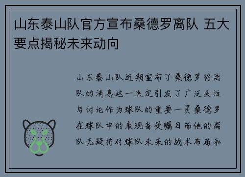 山东泰山队官方宣布桑德罗离队 五大要点揭秘未来动向