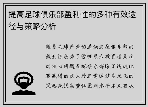 提高足球俱乐部盈利性的多种有效途径与策略分析